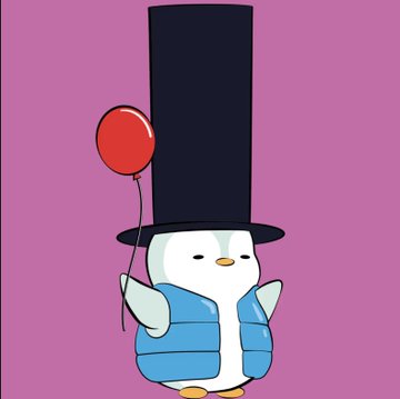 An illustration of a small penguin character wearing a blue jacket, holding a red balloon, with a tall black top hat on its head against a pink background.