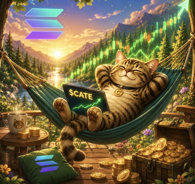 A digital artwork of a smiling tabby cat relaxing in a hammock with a laptop displaying '$CATE' and a rising green chart, surrounded by gold coins and a treasure chest.