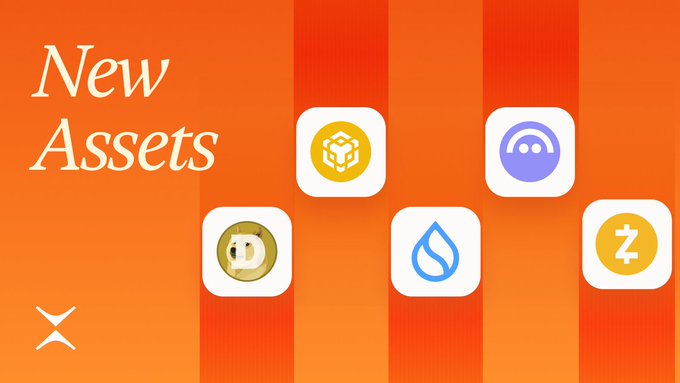 The image features a poster with an orange background, displaying five different cryptocurrency logos arranged vertically against this backdrop. Each logo represents a new asset set from the "New Assets" series. The first logo is a Bitcoin symbol, followed by a Ethereum symbol, a Ripple symbol, and a Litecoin symbol. The fifth logo is a Zcash symbol. The poster also includes text that reads "New Assets" and "RT: Took @PhoenixTrade for a spin with the new cross asset risk presets across BTC ETH SOL AUTO TUNE KEEPED MY PNL GREEN AS funding swung and volatility spiked".