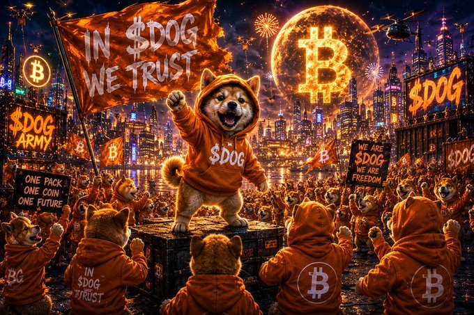 An AI-generated image depicting a Dogecoin-themed rally, featuring a Shiba Inu dog in an orange '$DOG' hoodie leading a crowd under flags reading 'IN $DOG WE TRUST' and '$DOG ARMY,' with Bitcoin symbols and fireworks in the background.
