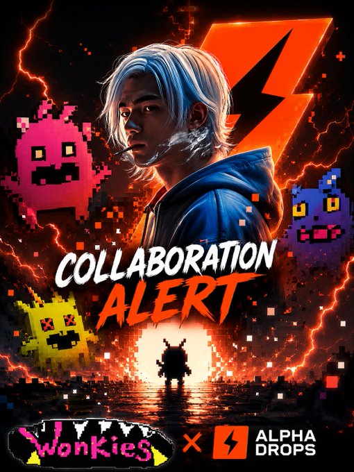 Collaboration Alert promotional artwork featuring a young man with white hair surrounded by pixelated ghost-like characters, lightning effects, and orange lightning bolt logos, branded as a WonKies x Alpha Drops collaboration.