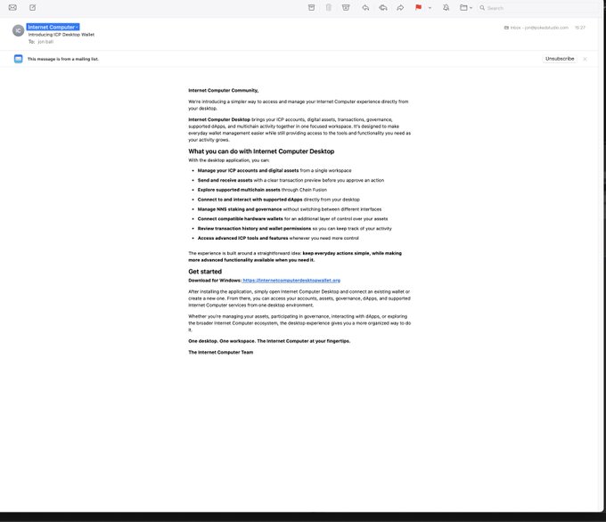 An email screenshot introducing 'Internet Computer Desktop Wallet' with sections detailing desktop account management, multi-asset capabilities, and NNS governance, along with download instructions for Windows.