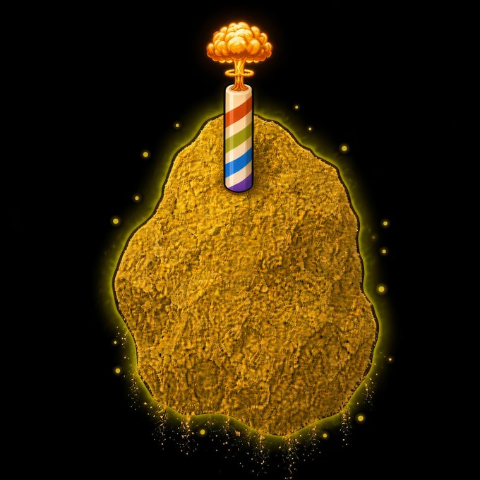 A colorful striped bomb with an orange explosion graphic on top is shown emerging from a textured yellow-green mass on a black background.