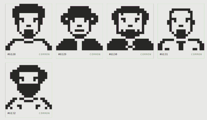 A grid of five pixel-art character portraits labeled #6128 through #6132, each tagged "COMMON," representing recently minted Anonym Hood NFTs from the 10,000-supply collection that sold out at 0.00055 ETH per mint.