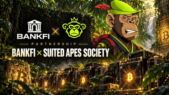 The image promotes a partnership announcement between BankFi and Suited Apes Society, featuring a cartoon ape character wearing a green hat with a red feather, set against a lush jungle backdrop with mining equipment adorned with Bitcoin symbols. Prominent text reads "BANKFI PARTNERSHIP" and "BANKFI × SUITED APES SOCIETY," visually reinforcing the post's message about BankFi becoming the official Bitcoin mining partner for the NFT collection, with BTC mining rewards being converted to ETH for the ApeHood staking pool.