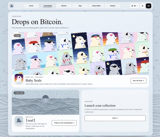 A webpage titled 'Drops on Bitcoin' showing a 'Baby Seals' NFT collection (2,050 seals) and a 'Mint ended' collection called '[seal]' on what appears to be a Bitcoin Ordinals marketplace.