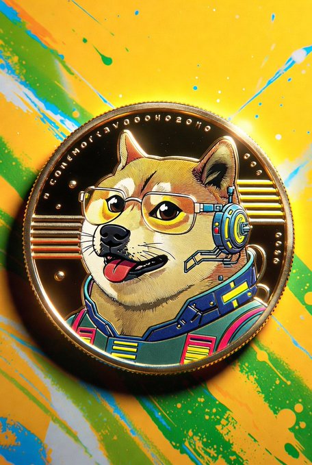 The image features a gold coin with a cartoon dog wearing glasses, sunglasses, and a helmet, giving off an impression of being a doge. The coin has a yellow background with blue and green splatters, which adds to its artistic appeal. The caption "Dogecoin $DOGE" is written in white text at the bottom right corner of the image.