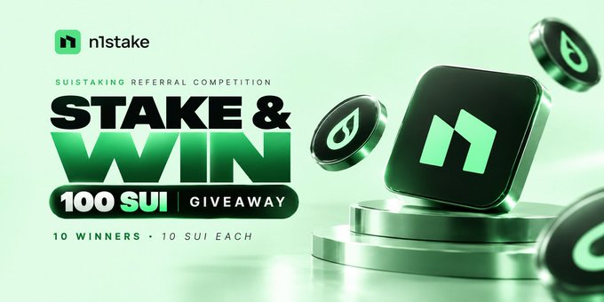 A promotional banner for n1stake's "Stake & Win" SUIstaking referral competition, featuring the n1stake logo and the text "100 SUI GIVEAWAY - 10 WINNERS • 10 SUI EACH" alongside 3D-rendered green SUI tokens against a mint green background, illustrating the giveaway announced in the accompanying post.