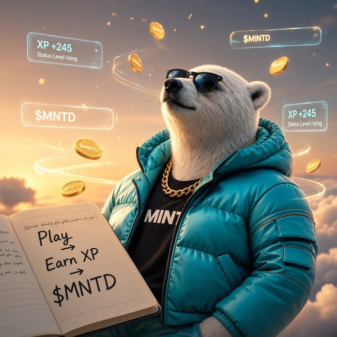 An AI-generated image of a polar bear wearing sunglasses, a gold chain, and a teal puffer jacket over a MINTD shirt, holding a notebook reading 'Play → Earn XP → $MNTD', surrounded by floating MNTD coins and XP+245 status indicators.