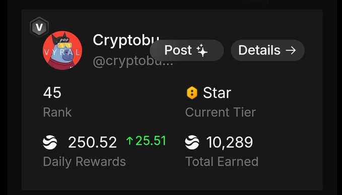 A profile card for user "Cryptobu..." (@cryptobu...) shows a rank of 45, Star tier, 250.52 daily rewards (+25.51), and 10,289 total earned, illustrating the platform's tiered reward system and the user's climbing position. The accompanying post highlights ongoing efforts to earn points on River, with the card showcasing the tangible progress and rewards from such grind.
