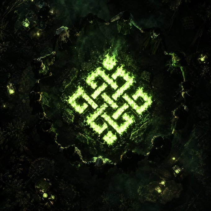 A group of cloaked figures stand in a circle holding hands around a glowing green runic symbol on the ground in a dark, mystical setting.
