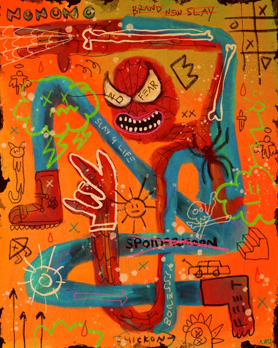 A vibrant orange and teal painting features a menacing red "Spiderman" character with "NO FEAR" on its mask, surrounded by bones, a spider, guns, and graffiti-style text including "NOMONO," "BRAND NEW SLAY," and "STAY 4 LIFE." The artwork matches the post's promotion of a 1/1 auction titled "Brand New SLAY" by Mallow, capturing its raw, chaotic, street-art aesthetic.