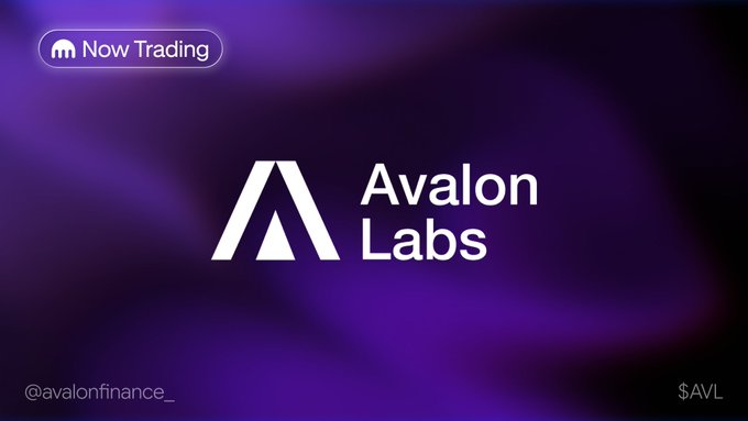 A promotional graphic for 'Avalon Labs' with a purple gradient background displays 'Now Trading' in the top left, the handle '@avalonfinance_' in the bottom left, and '$AVL' ticker symbol in the bottom right.