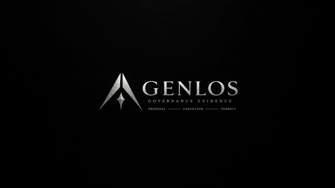 A black screen displaying the 'GENLOS' logo with a diamond-shaped emblem and the tagline 'GOVERNANCE EVIDENCE — PROPOSAL — EXECUTION — VERDICT'.