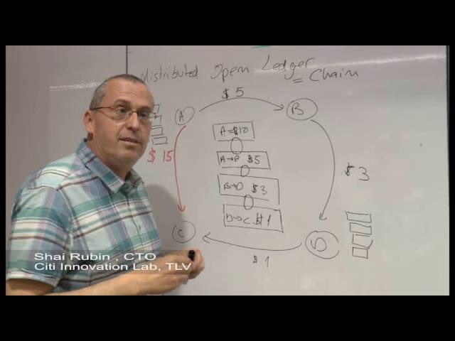 A man in a plaid shirt stands before a whiteboard diagram explaining a "Distributed Open Ledger = Chain," with on-screen text identifying him as "Shai Rubin, CTO, Citi Innovation Lab, TLV."