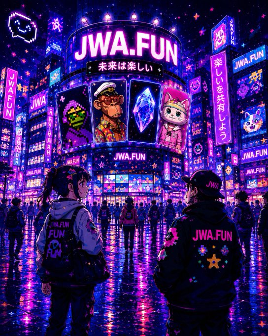 A vibrant cyberpunk cityscape at night features neon signs reading "JWA.FUN" with Japanese text, while two figures in branded hoodies look toward digital billboards displaying NFTs and characters.