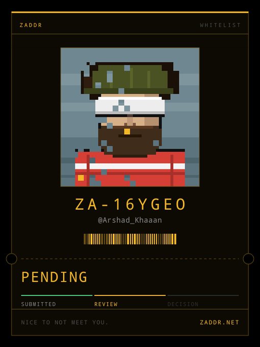 A digital 'WHITELIST' card for 'ZA-16YGE0' (@Arshad_Khaan) on ZADDR.NET shows a pixelated character and a 'PENDING' review status.