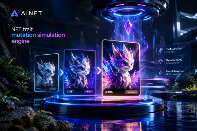 A promotional graphic for AINFT shows three cards depicting a creature evolving from Common to Rare to Legendary, with text reading "NFT trait mutation simulation engine."