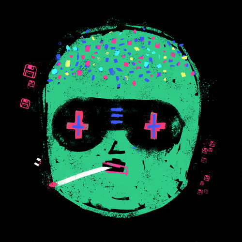 The image features a green cartoon depiction of a man with headphones, possibly wearing sunglasses and smoking a cigarette. The background appears to be black with various small colored shapes scattered around. There are also some texts present at the bottom of the image which say "Grifter #251 sold for 12.69Ξ gondi.xyz/collections". This indicates that this illustration is part of an art collection or post and may have been purchased by someone for this particular piece, as it appears to be a unique representation of the Grifter character from the video game series Mass Effect. The image also includes a cigarette, which adds a sense of action to the scene and could suggest a connection to the gaming world or the concept of "grift collecting."
