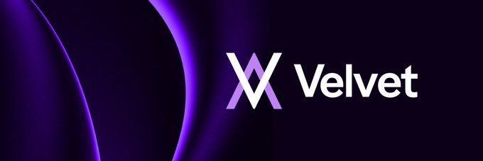 Logo image for 'Velvet' featuring a stylized purple 'V' symbol next to the brand name on a dark purple background with curved light effects.