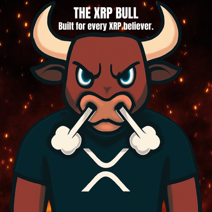 A fierce cartoon bull with steam blowing from its nostrils wears a black shirt featuring the XRP (X) logo, with the text "THE XRP BULL — Built for every XRP believer." displayed above, visually representing the bullish XRP-themed meme coin ($Stef) referenced in the post.