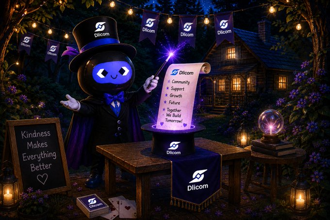 A magician-mascot wearing a top hat conjures a glowing scroll from a hat, listing values like "Community," "Support," "Growth," "Future," and "Together We Build Tomorrow," all branded with the "Dilcom" logo, alongside a chalkboard reading "Kindness Makes Everything Better." The scene ties directly to the post's theme of using creativity and "Dilcom magic" to foster community spirit and build something meaningful together.
