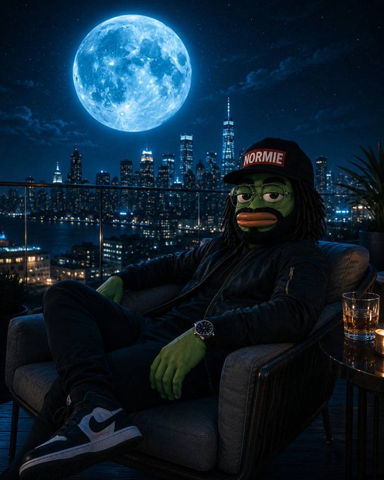 A digital illustration of a character with green Pepe-like skin, a black beard, glasses, and a 'NORMIE' cap, sitting on a rooftop patio with a drink beside him, overlooking a nighttime cityscape under a large blue moon.