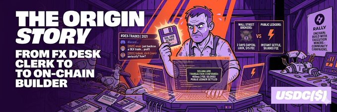 The image features an advertisement with a cartoon man holding a floppy disc, which appears to be a floppy disk drive or floppy disc drive sticker. The background of the image shows a desk filled with various items such as books and a laptop. The text on the image reads "The Origin Story" followed by "From Fx Desk Clerks To Main Builder".