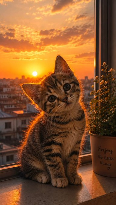 A tabby kitten sits on a windowsill next to a potted plant labeled 'Enjoy the little things', gazing upward against a stunning orange sunset over a cityscape.