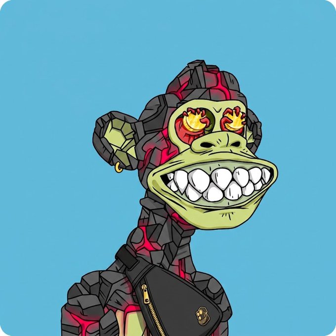 A cartoon illustration of a stone-like ape character with glowing red cracked patterns, yellow fiery eyes, and an earring, wearing a black crossbody bag against a light blue background.