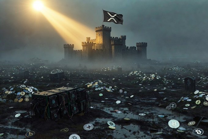 A misty castle fortress flies an XRP flag above a battlefield littered with fallen cryptocurrency tokens, illuminated by a single beam of sunlight breaking through stormy skies. The image visually reinforces the post's claim that XRP will emerge as the "safe-haven asset" while 99% of other crypto projects "vanish" without regulatory clarity.
