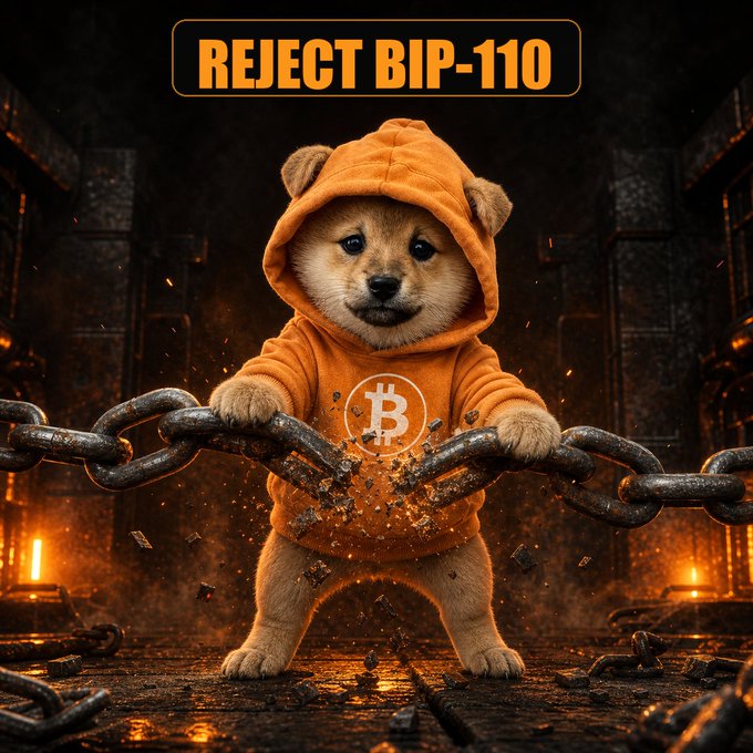 A meme-style digital image featuring a Shiba Inu dog in an orange Bitcoin hoodie breaking chains, with the text 'REJECT BIP-110' displayed at the top.