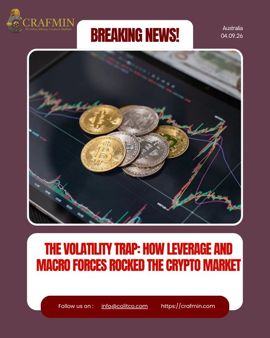 A 'BREAKING NEWS' graphic from Crafmin dated 04.09.26 in Australia features the headline 'THE VOLATILITY TRAP: HOW LEVERAGE AND MACRO FORCES ROCKED THE CRYPTO MARKET' above an image of Bitcoin and crypto coins on a trading chart.