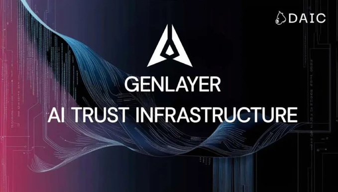 The image features a promotional graphic with "GENLAYER" and "AI TRUST INFRASTRUCTURE" prominently displayed alongside the company's triangular logo, set against a dark background with flowing digital wave patterns. The DAIC logo appears in the top right corner, reinforcing the post's focus on GenLayer's Builder path and its innovative Intelligent Contracts that go beyond traditional smart contracts by enabling AI to read, reason, and judge fairness.