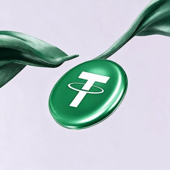A glossy green Tether (USDT) coin featuring its signature "T" logo rests against flowing green fabric, symbolizing the decline in USDT supply as stablecoin capital reportedly withdraws from the crypto market.