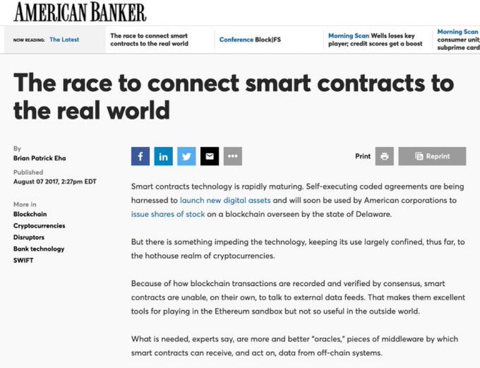 The image displays an American Banker article titled "The race to connect smart contracts to the real world" by Brian Patrick Eha, published August 7, 2017, which discusses the oracle problem and how blockchain-based smart contracts need middleware "oracles" to communicate with external off-chain data systems—aligning with the post's mention of the first mainstream media story about Chainlink and the challenge of explaining the oracle problem from scratch.