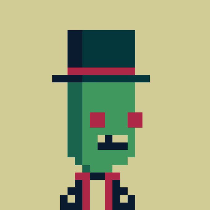A pixel art illustration of a green-skinned character with red eyes wearing a black top hat and red tie against a yellow background.