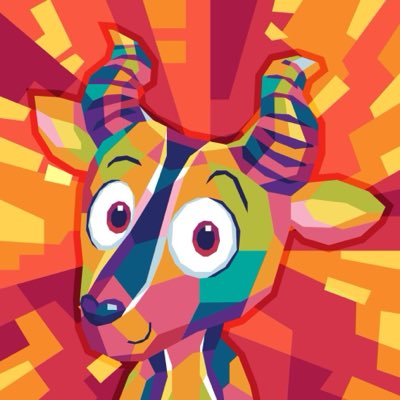 A colorful pop-art style illustration of a cartoon giraffe or antelope character with large expressive eyes, set against a vibrant red, orange, and yellow geometric background.
