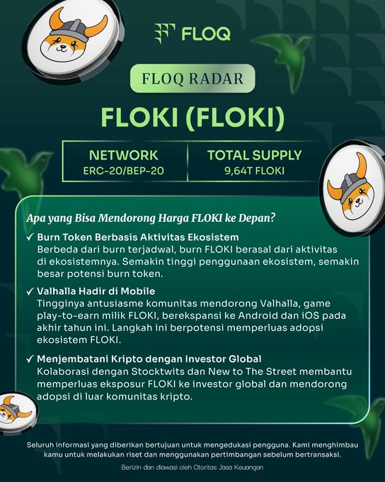 A 'FLOQ RADAR' infographic about the FLOKI cryptocurrency, showing 'NETWORK: ERC-20/BEP-20' and 'TOTAL SUPPLY: 9,64T FLOKI', with Indonesian text explaining factors that could drive FLOKI's price.
