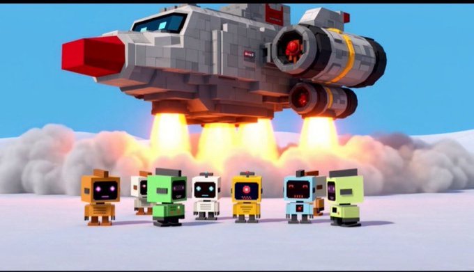 A 3D animated scene features a blocky spaceship taking off while a group of small, colorful robot characters watch from below.