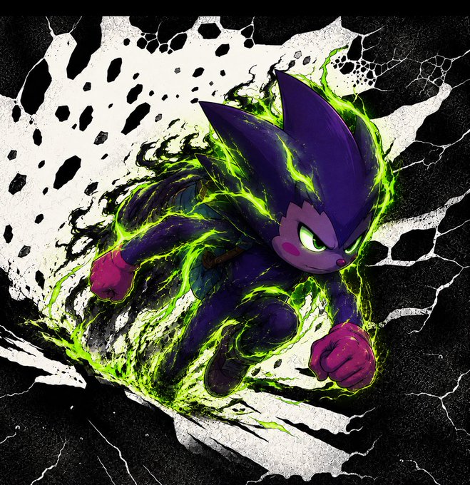 A dynamic illustration depicts Sonic the Hedgehog surrounded by glowing green energy, with a cracked black and white background creating an intense, action-packed scene.