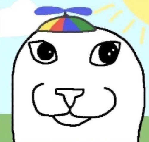 A crudely drawn white character with large eyes wearing a rainbow-colored propeller cap against a simple background with a sun and grass.