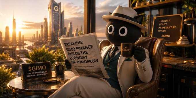 A black, round-headed figure in a white suit and fedora sits in a leather chair reading a newspaper with the headline "BREAKING: GIMO FINANCE BUILDS THE ECONOMY OF TOMORROW," while holding a mug branded "GIMO," set against a sunset cityscape. A nearby sign reads "$GIMO: THE INFRASTRUCTURE BEHIND A NEW ECONOMY," reinforcing the post's message that GIMO Finance transforms existing capital into an active, foundational economic layer beyond mere staking.