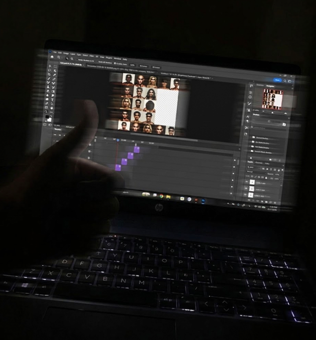 A dimly lit photo captures a hand giving a thumbs-up in front of an HP laptop, where Photoshop is open displaying a character customization grid with various face options for a digital avatar.