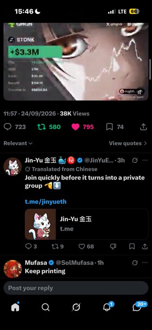 Mobile screenshot of a Twitter/X post dated 24/09/2026 showing a STONK trading chart up $3.3M with 38K views, featuring a translation reply from "Jin-Yu 金玉" (@JinYuE) promoting t.me/jinyueth.