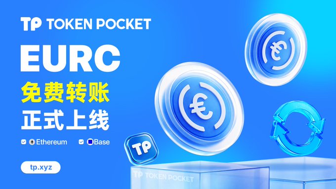 An advertisement for TOKEN POCKET promoting free EURC transfers on Ethereum and Base networks, with floating Euro and TP logos on a blue background.