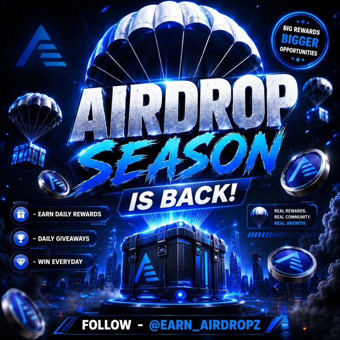 A vibrant promotional graphic announcing "AIRDROP SEASON IS BACK!" featuring a futuristic cityscape with parachutes delivering crypto-themed reward crates and coins, highlighting "BIG REWARDS BIGGER OPPORTUNITIES" along with calls to earn daily rewards, participate in giveaways, and win everyday by following @earn_airdropz. The post complements the image by promoting free crypto opportunities and encouraging users to share their Solana wallet for participation.