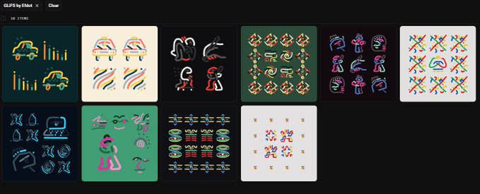The image features an array of colorful illustrations, including various shapes and designs, arranged in a long row against a black background. The illustrations are diverse and eye-catching, showcasing different artistic styles and techniques. The post about this collection of artwork is titled "gm, I swept 10 @GLiFSbyEfdot" and it appears to be a personal project where the creator has been experimenting with various art forms and concepts. The post also mentions that they log into the website glifs.art daily to switch up the artwork around and explore new ideas. Overall, the image conveys an atmosphere of creativity and artistic exploration.