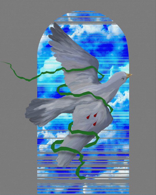 The image features an illustration of a white bird with green strings tied around its neck, flying through a window set against a blue sky filled with clouds. The bird appears to be soaring above the window, creating a sense of movement and freedom. The background is a gradient of blue and white colors that blend seamlessly into each other, providing a serene atmosphere for the scene. The image also includes text in the corner that reads "gm all have a wonderful day Song of Liberation ... still available objkt - Oct 2025!".