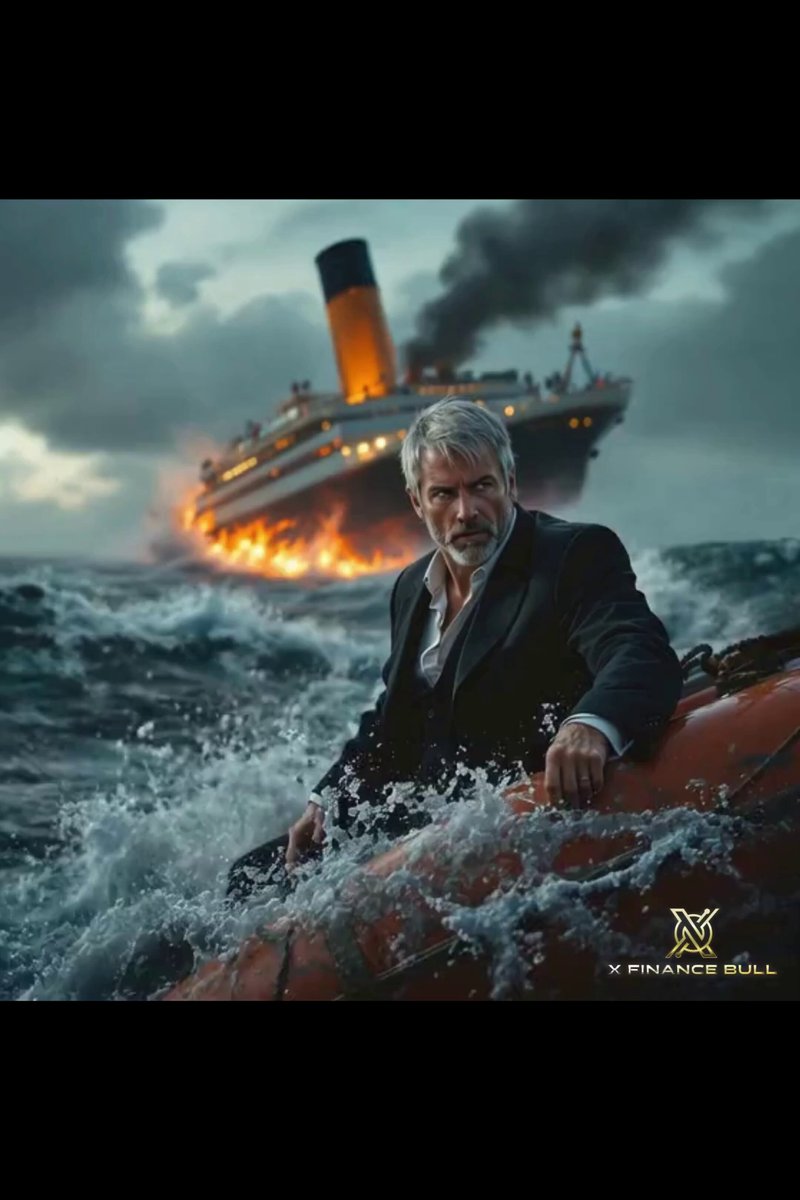 The image features a man sitting inside an orange raft, surrounded by rough waters. The man appears to be wearing a suit and tie, suggesting that he might have been involved in some form of maritime adventure or emergency situation. In the background, there is a large ship with a fire on board, which adds to the dramatic atmosphere of the scene.

The post seems to be related to Bitcoin, as it mentions selling Bitcoin and possibly preparing for leading utility coins like XRP and XLM. The image could potentially be used in an advertisement or promotional material for Bitcoin or related cryptocurrency services. However, without more context about the content of the post, it is difficult to determine if this is a genuine connection between the man on the raft and the Bitcoin post or just a coincidental pairing.